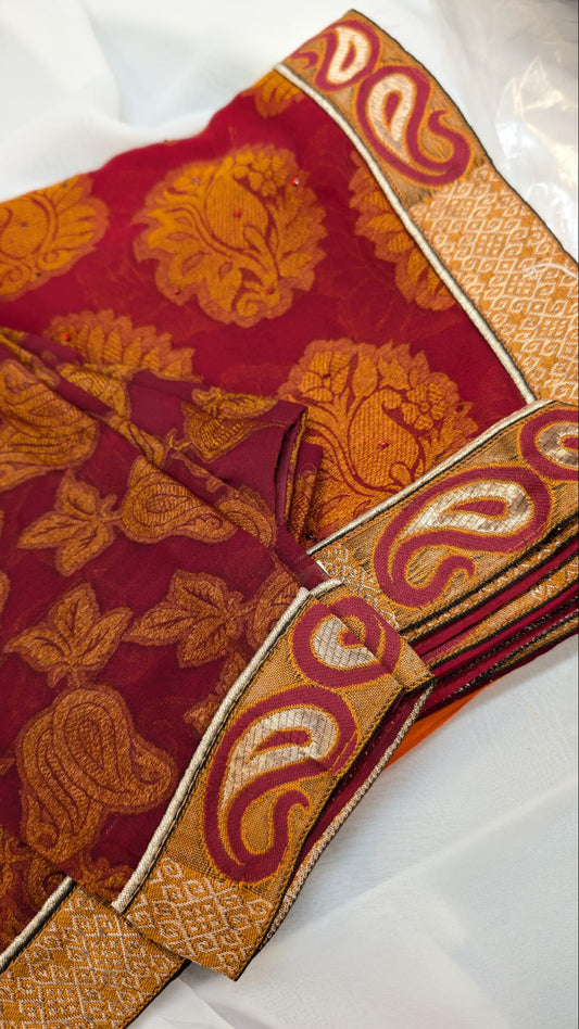 Gradient Banarasi Saree with long sleeve blouse in maroon/orange