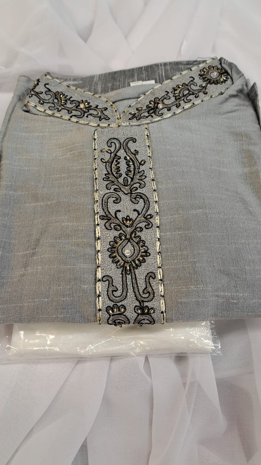 Raw Silk Sherwani Set (2pc) - Grey Silver