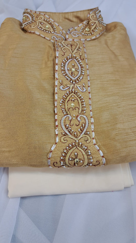 Raw Silk Sherwani Set (2pc) - Gold