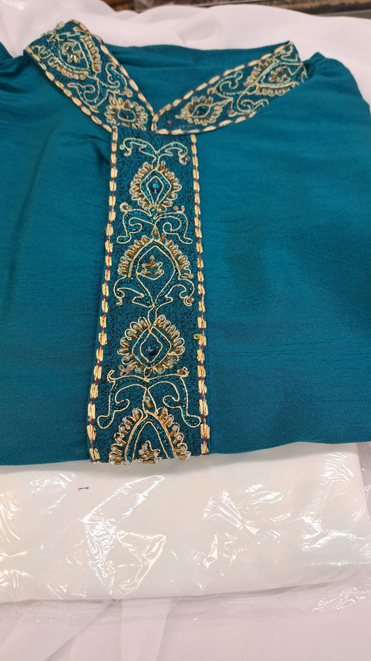 Raw Silk Sherwani Set (2pc) - Teal Turquoise