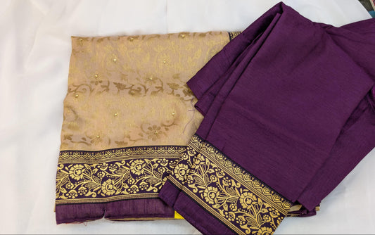 Banarasi Saree with Long Sleeve Blouse in Rose Gold & Purple