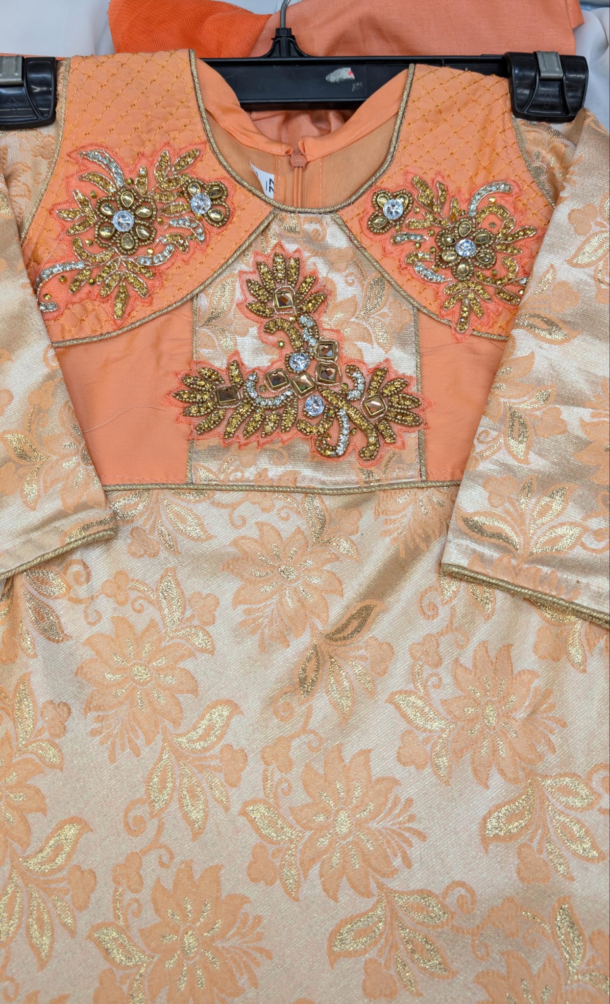 Peach Orange Gold Stitching Embroidery Longdress, Anarkali Style with trousers and scarf