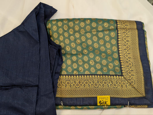 Banarasi Saree with Long Sleeve Blouse in Green Blue