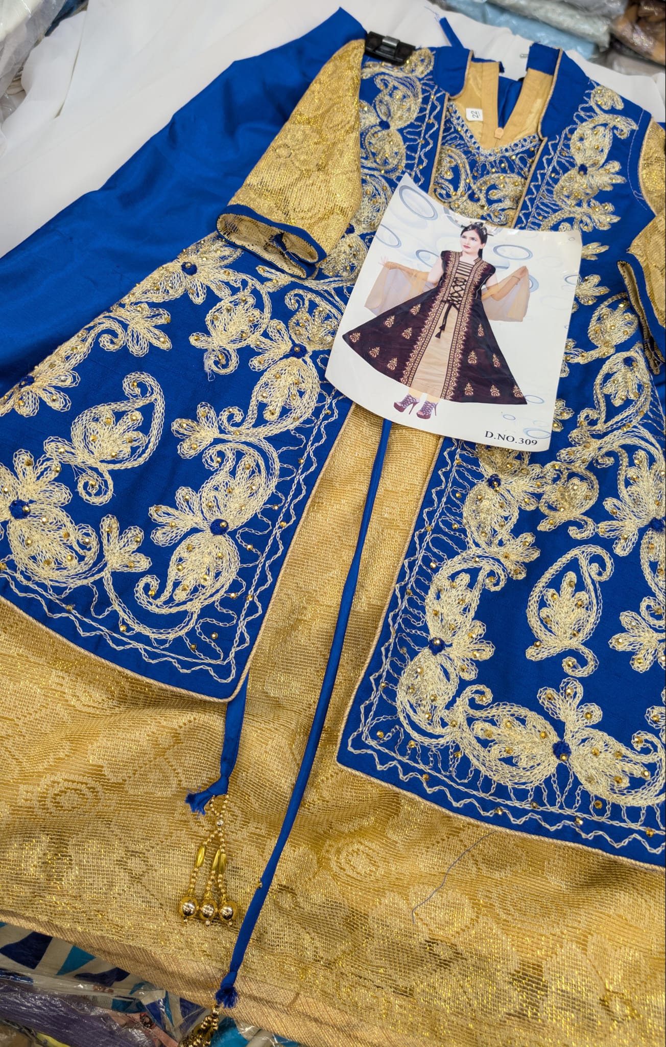 Royal Blue and Gold Laced, Anarkali Jacket Style, Longdress with trousers and scarf