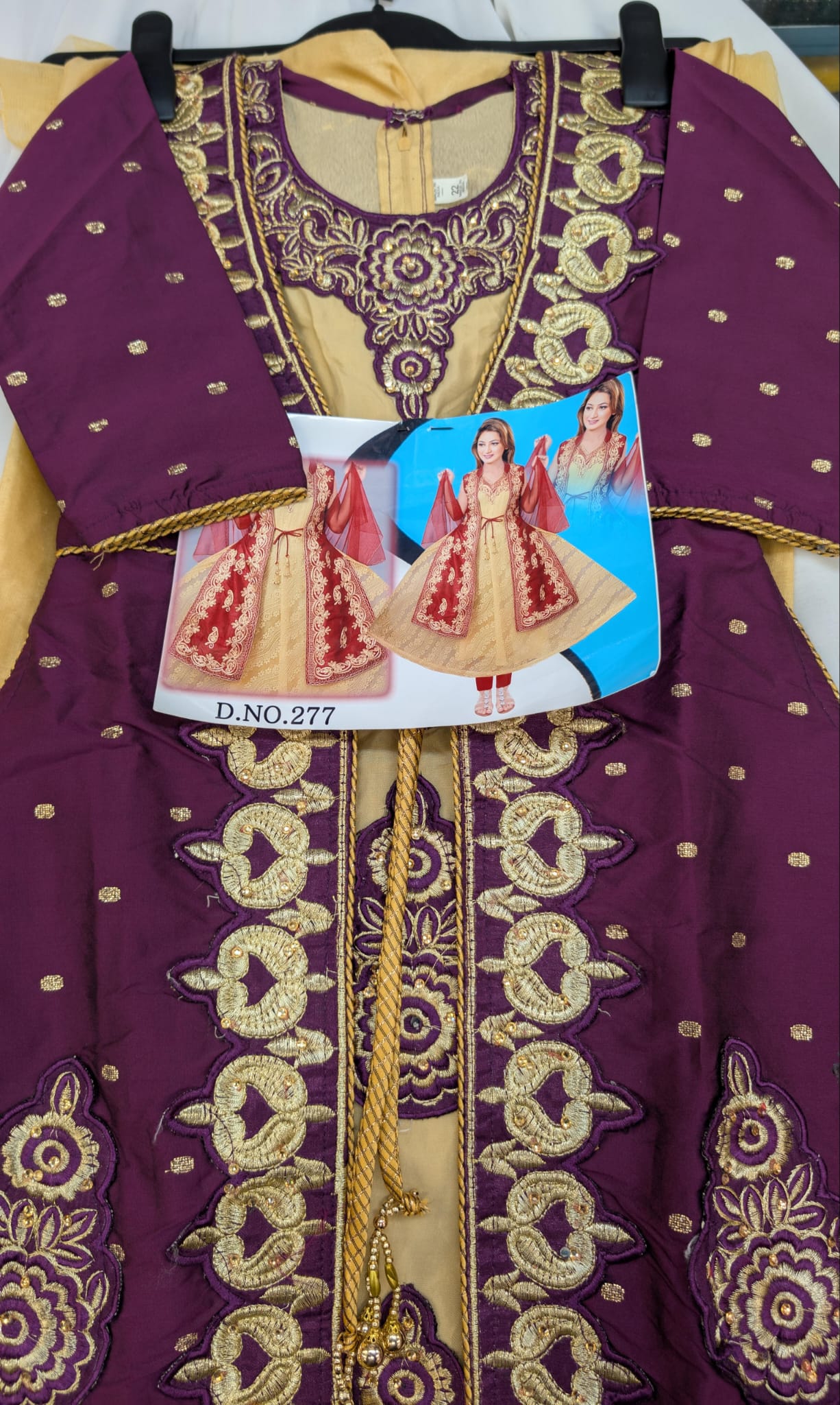 Violet Purple and Gold Silk Anarkali, Jacket Style Dress with trousers and scarf