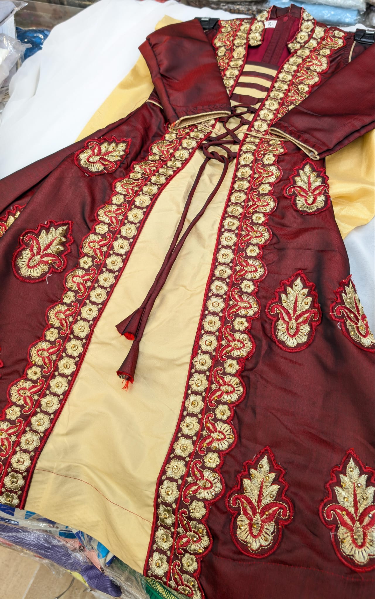 Maroon Gold Silk Embroidered Longdress (Anarkali Jacket Style), with trousers and scarf