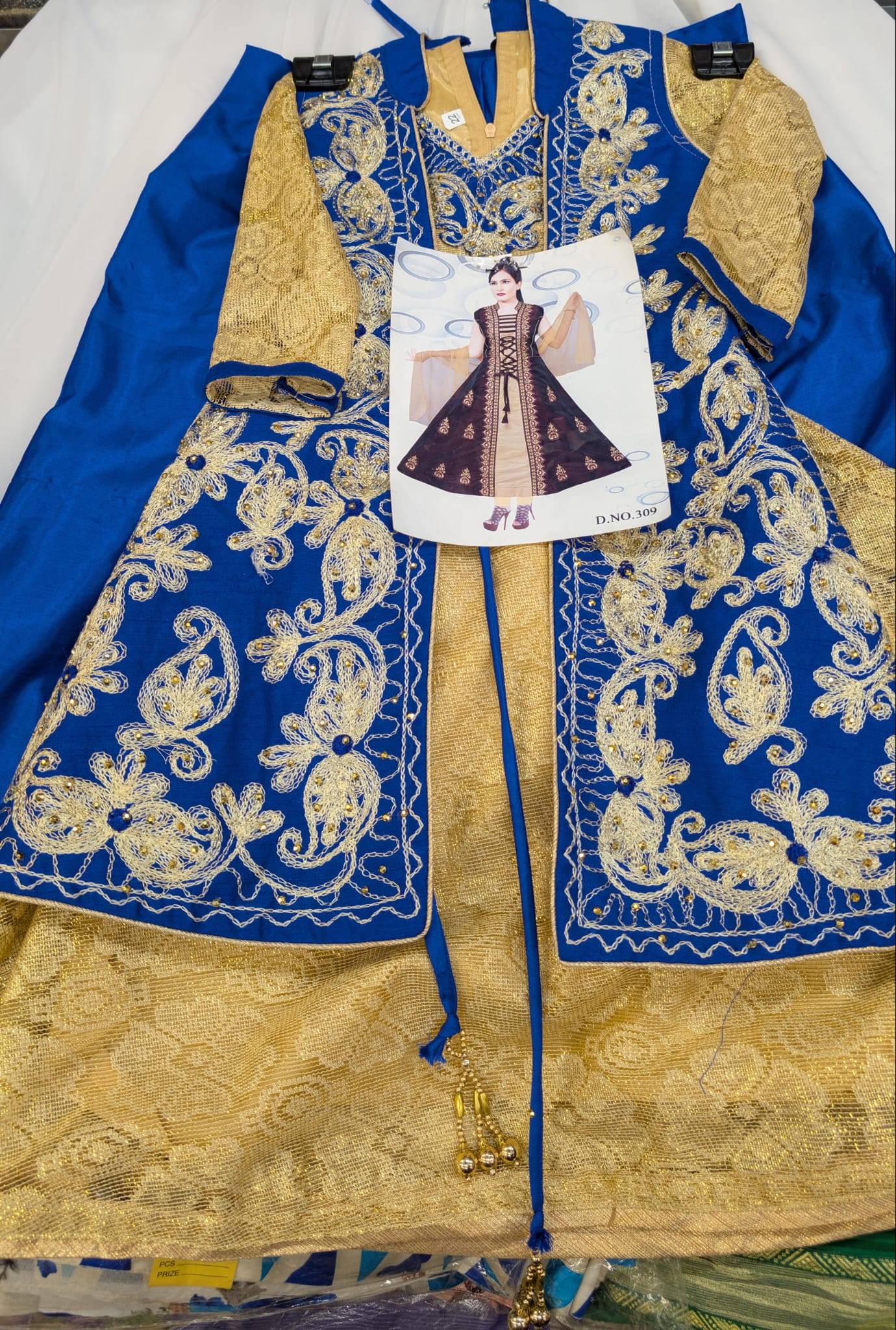 Royal Blue and Gold Laced, Anarkali Jacket Style, Longdress with trousers and scarf