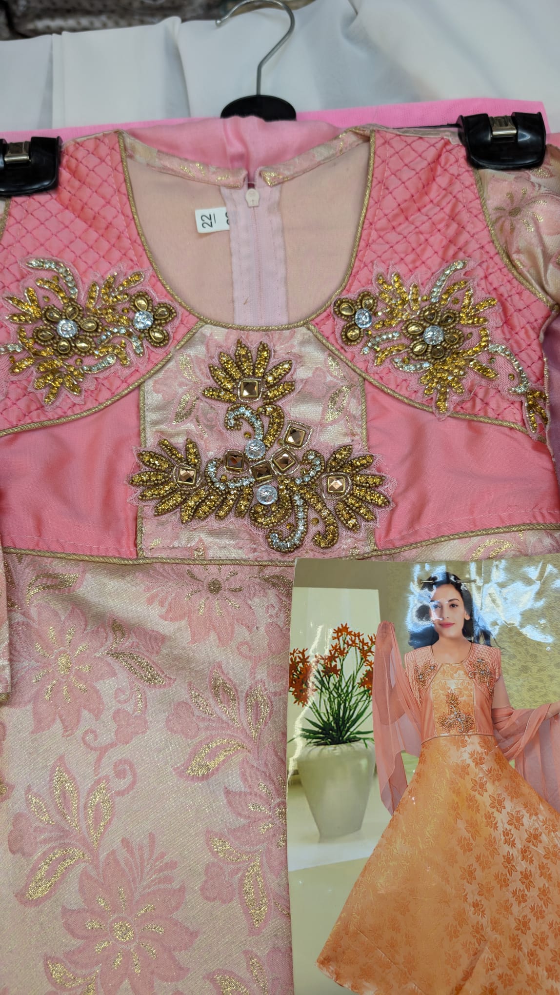 Baby Pink Gold Silk Floral Stitching Embroidery Longdress, Anarkali Style with trousers and scarf