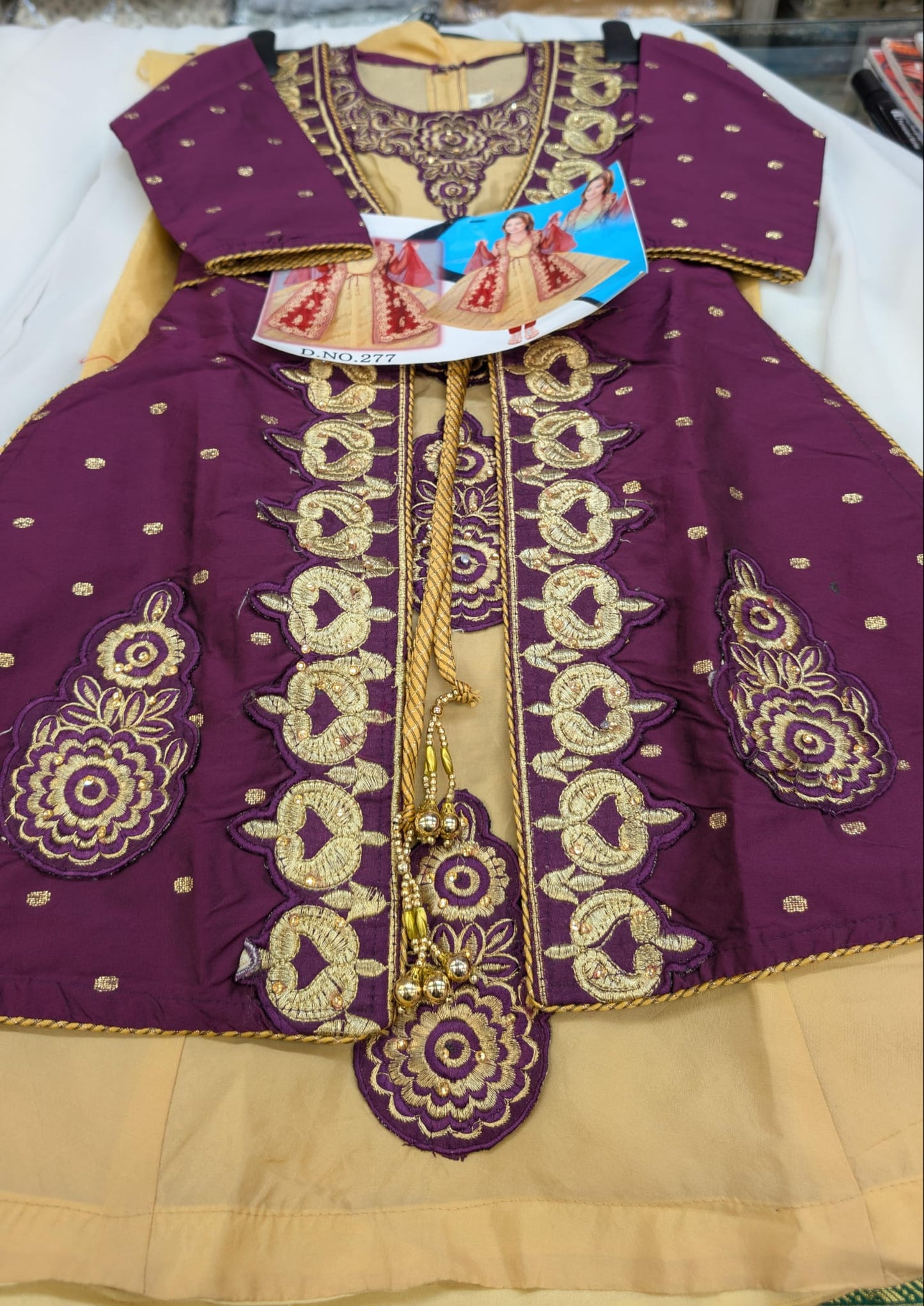 Violet Purple and Gold Silk Anarkali, Jacket Style Dress with trousers and scarf