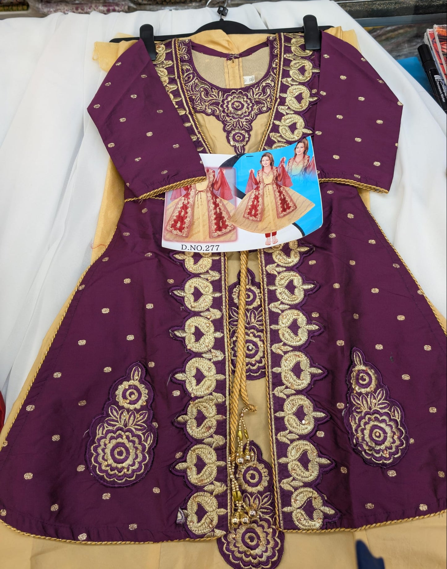 Violet Purple and Gold Silk Anarkali, Jacket Style Dress with trousers and scarf